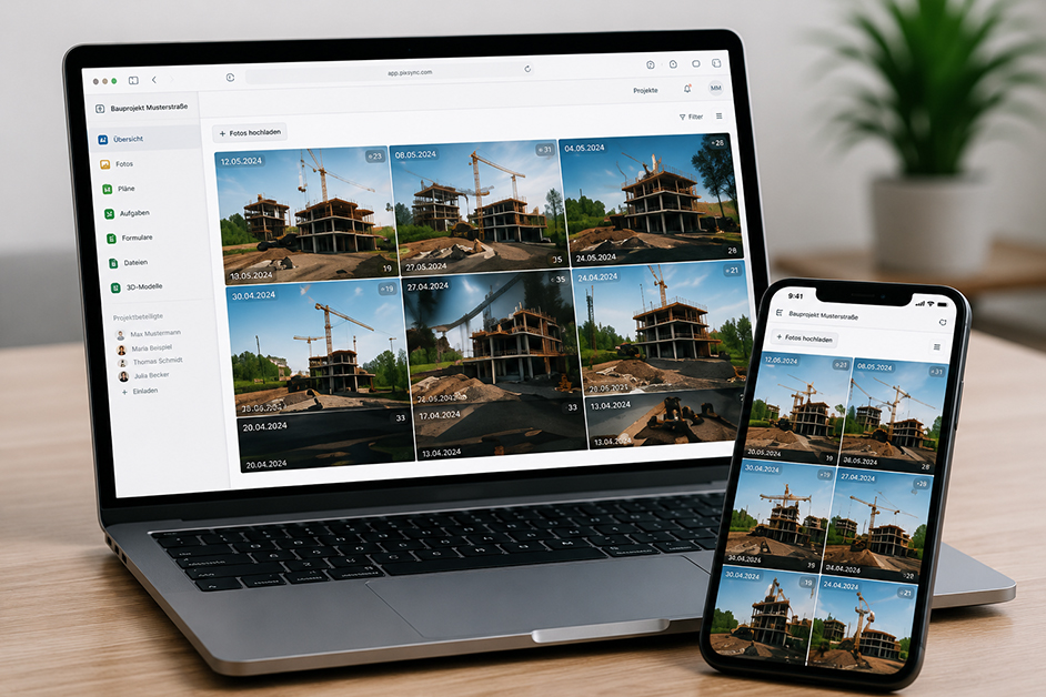 Ein Laptop und Smartphone welche aktuelle Bilder einer Baustelle hochlädt auf die Website.