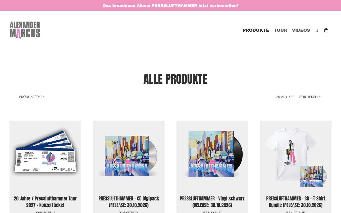 Website von ALEXANDER MARCUS – Desktopansicht: Alle Produkte