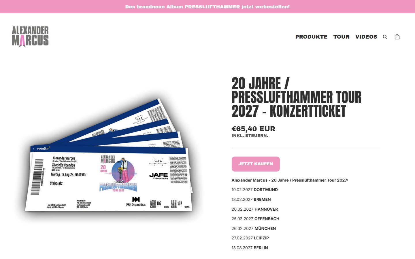 Website von ALEXANDER MARCUS – Desktopansicht: 20 Jahre / Presslufthammer Tour 2027
