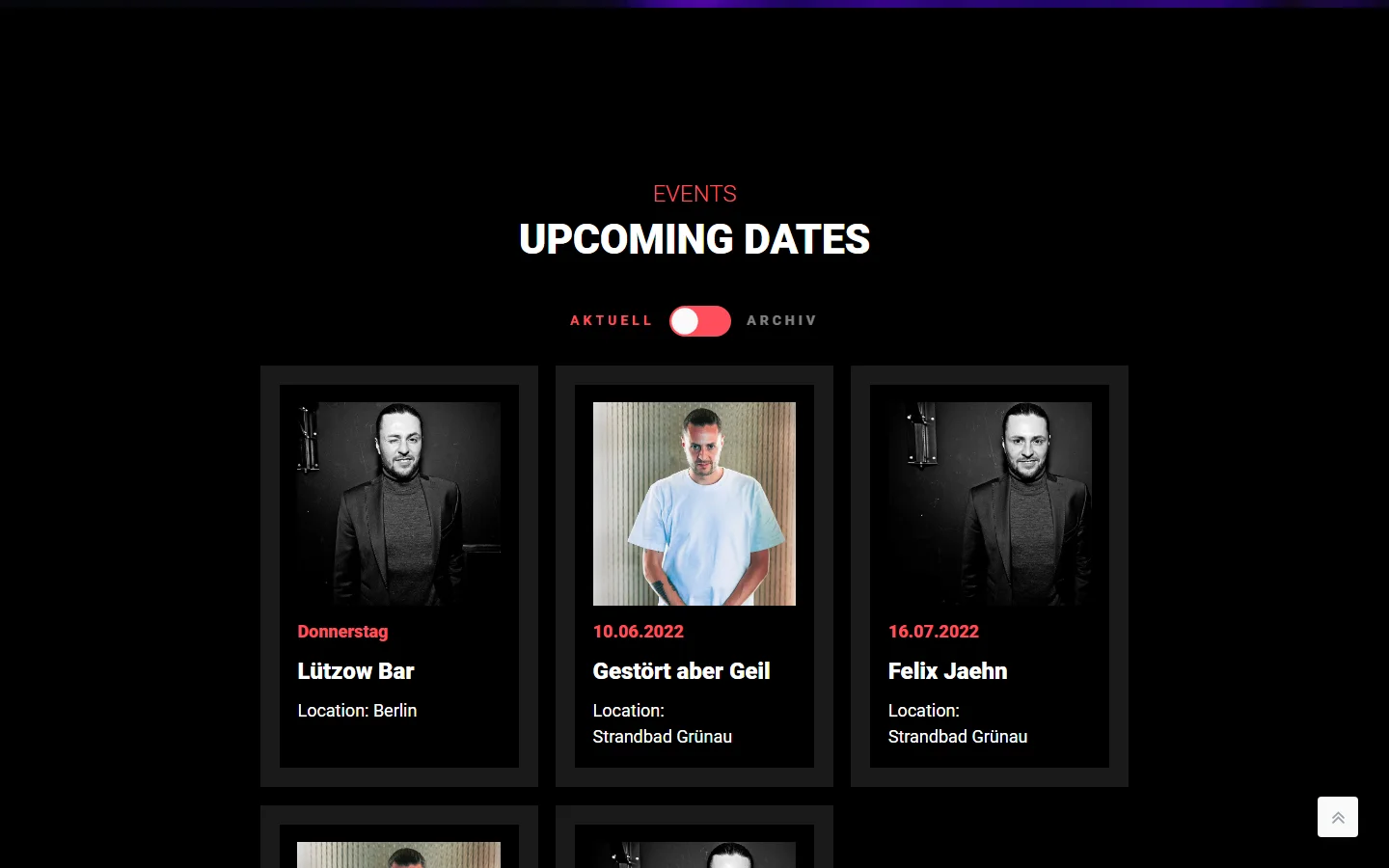 Website von Alexander Melendez – Desktopansicht: UPCOMING DATES