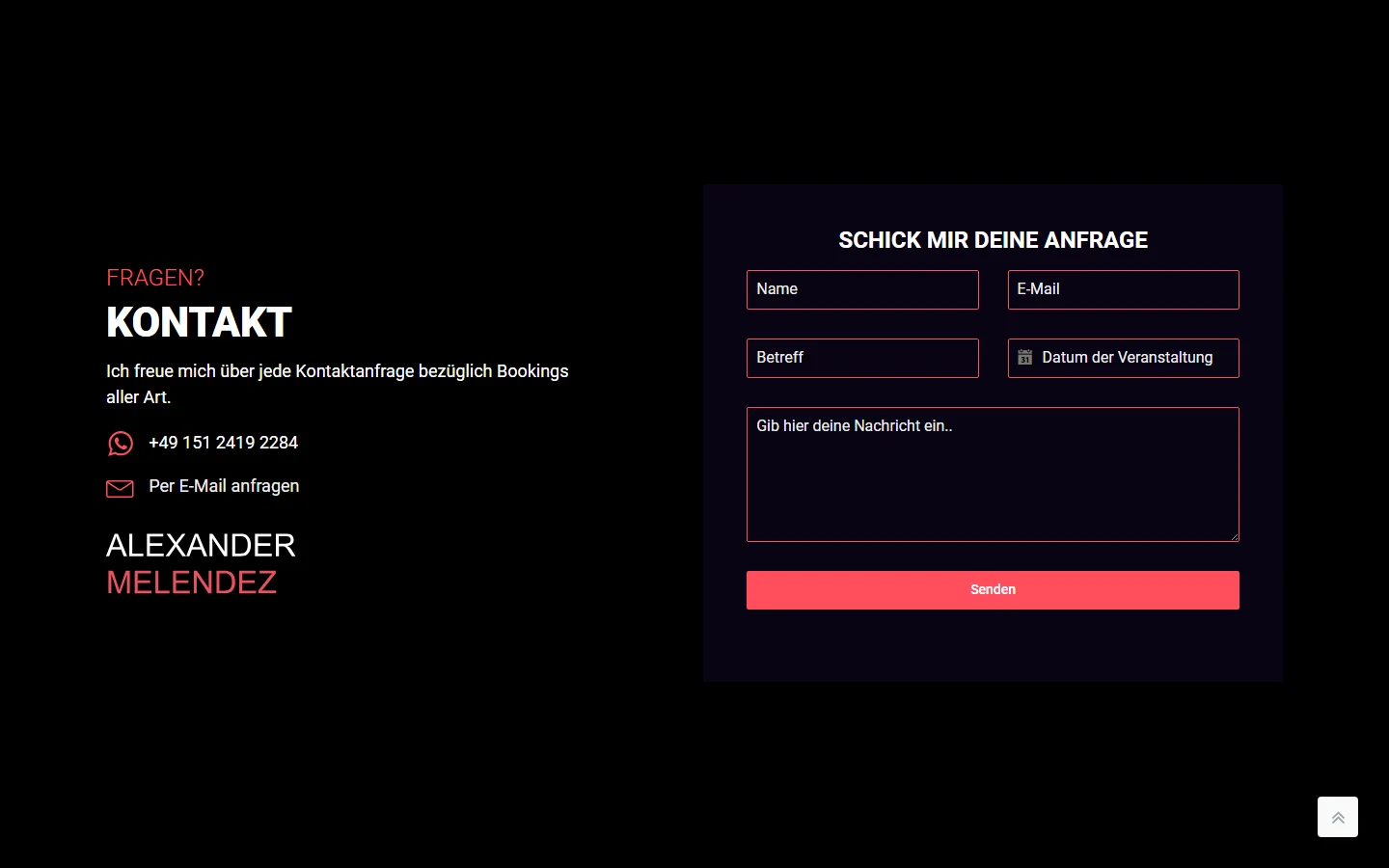 Website von Alexander Melendez – Desktopansicht: FRAGEN?