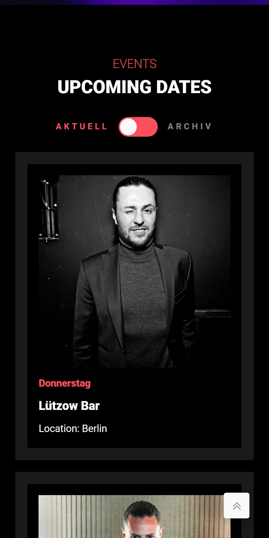 Website von Alexander Melendez – Handyansicht: UPCOMING DATES