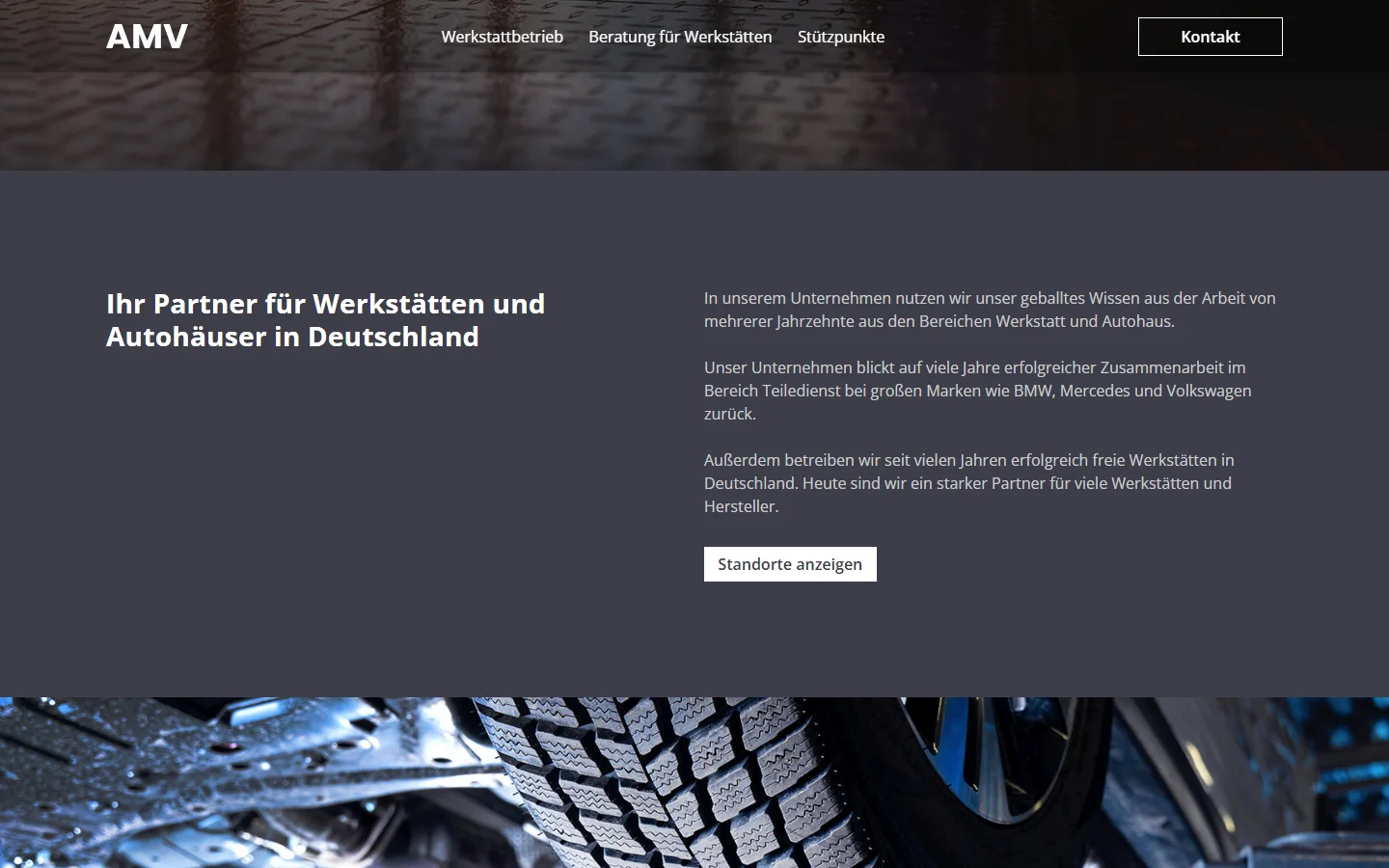 Website von AMV – Desktopansicht: Ihr Partner für Werkstätten und Autohäuser in Deutschland