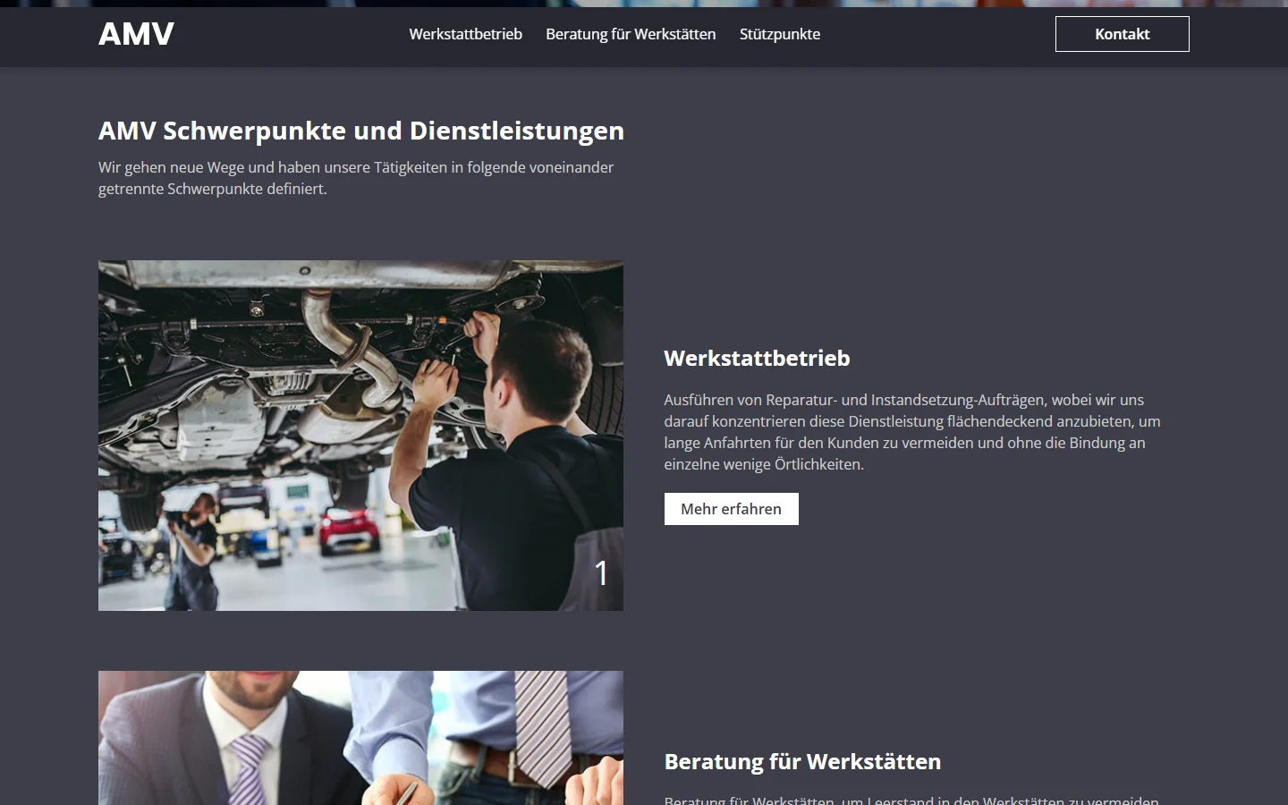 Website von AMV – Desktopansicht: AMV Schwerpunkte und Dienstleistungen