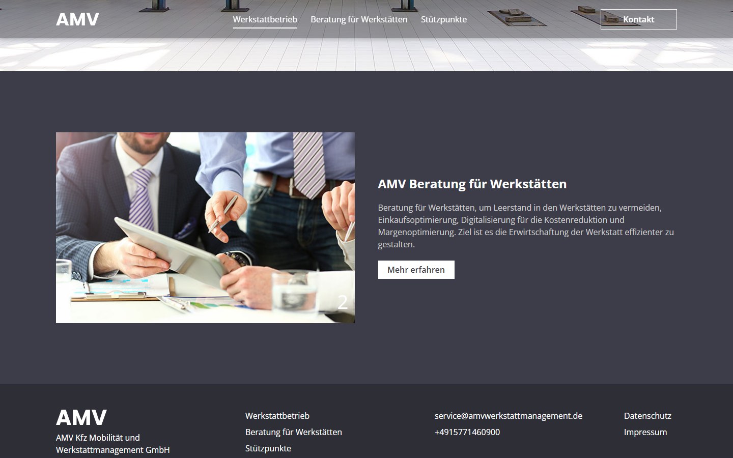 Website von AMV – Desktopansicht: Werkstattbetrieb – AMV