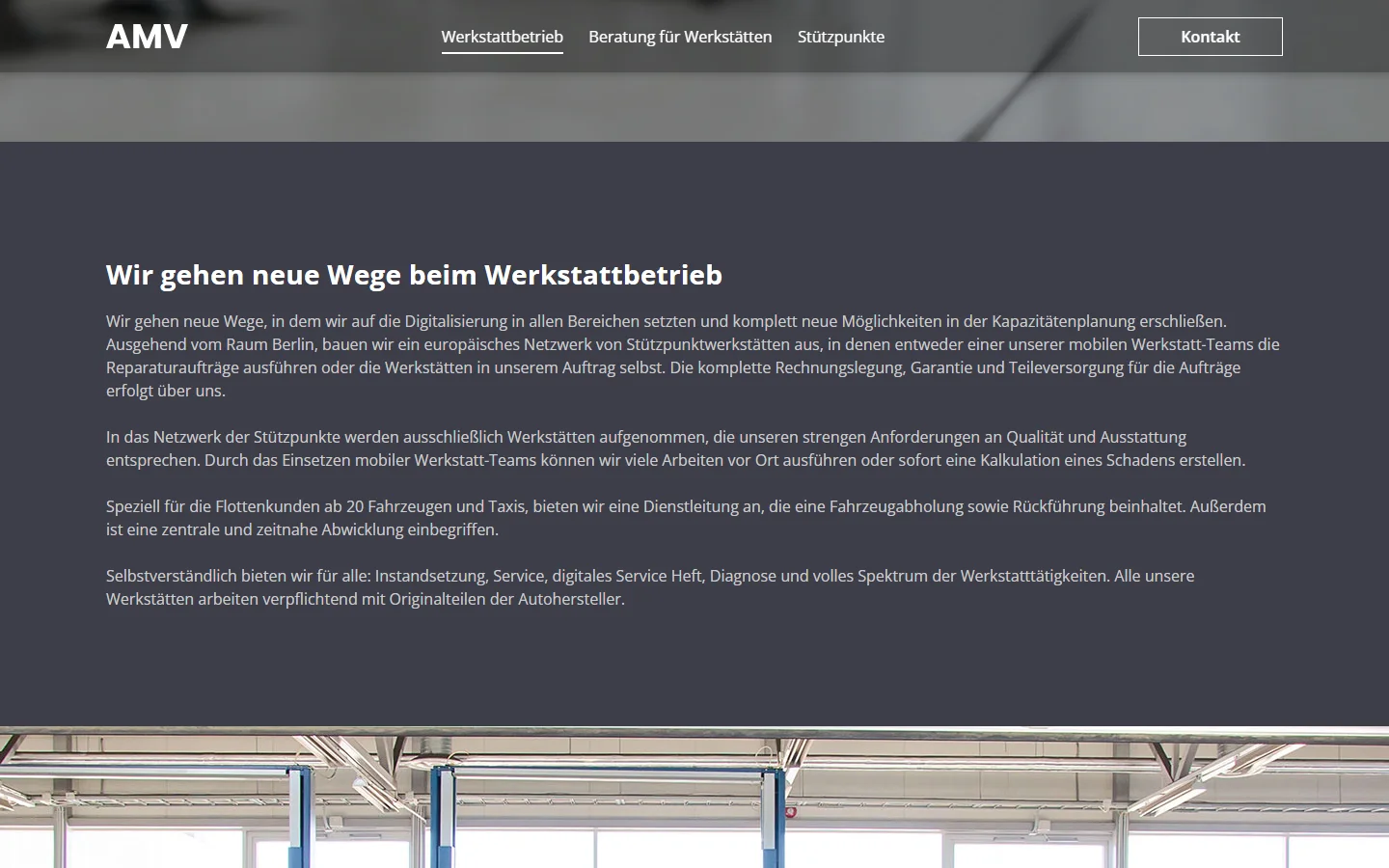 Website von AMV – Desktopansicht: Wir gehen neue Wege beim Werkstattbetrieb