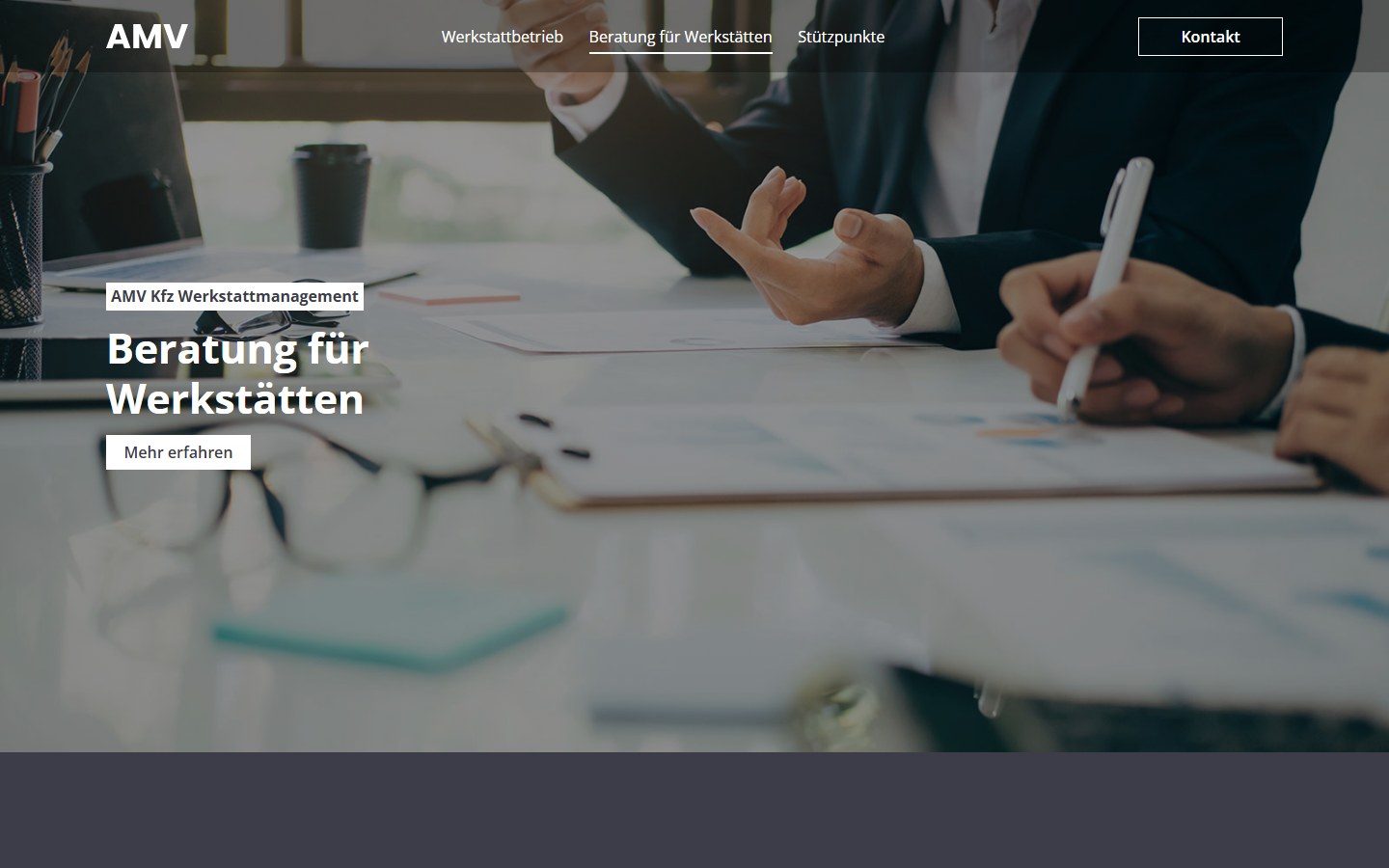 Website von AMV – Desktopansicht: Beratung für Werkstätten – AMV