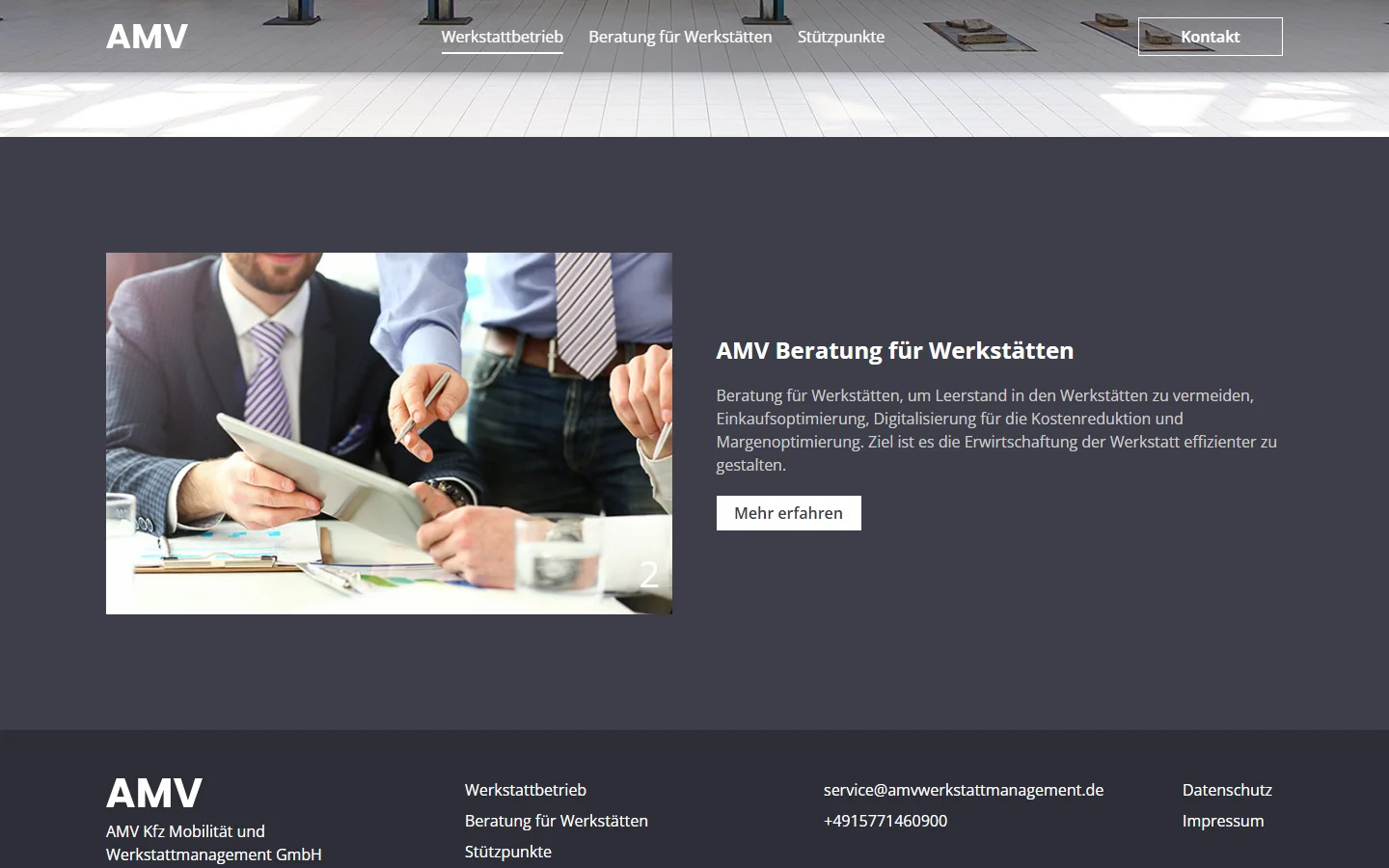 Website von AMV – Desktopansicht: AMV Beratung für Werkstätten