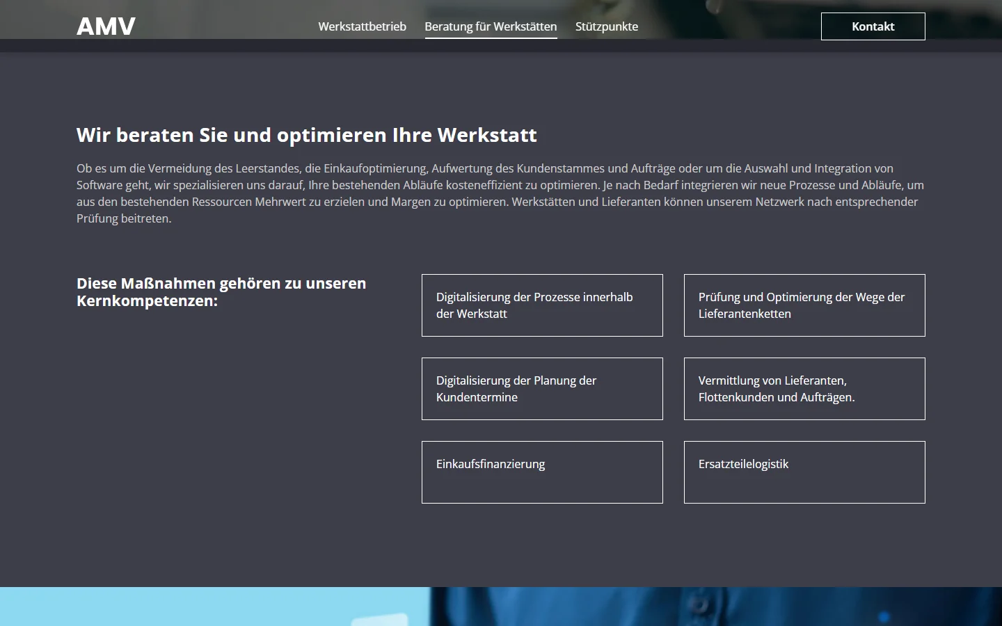 Website von AMV – Desktopansicht: Wir beraten Sie und optimieren Ihre Werkstatt