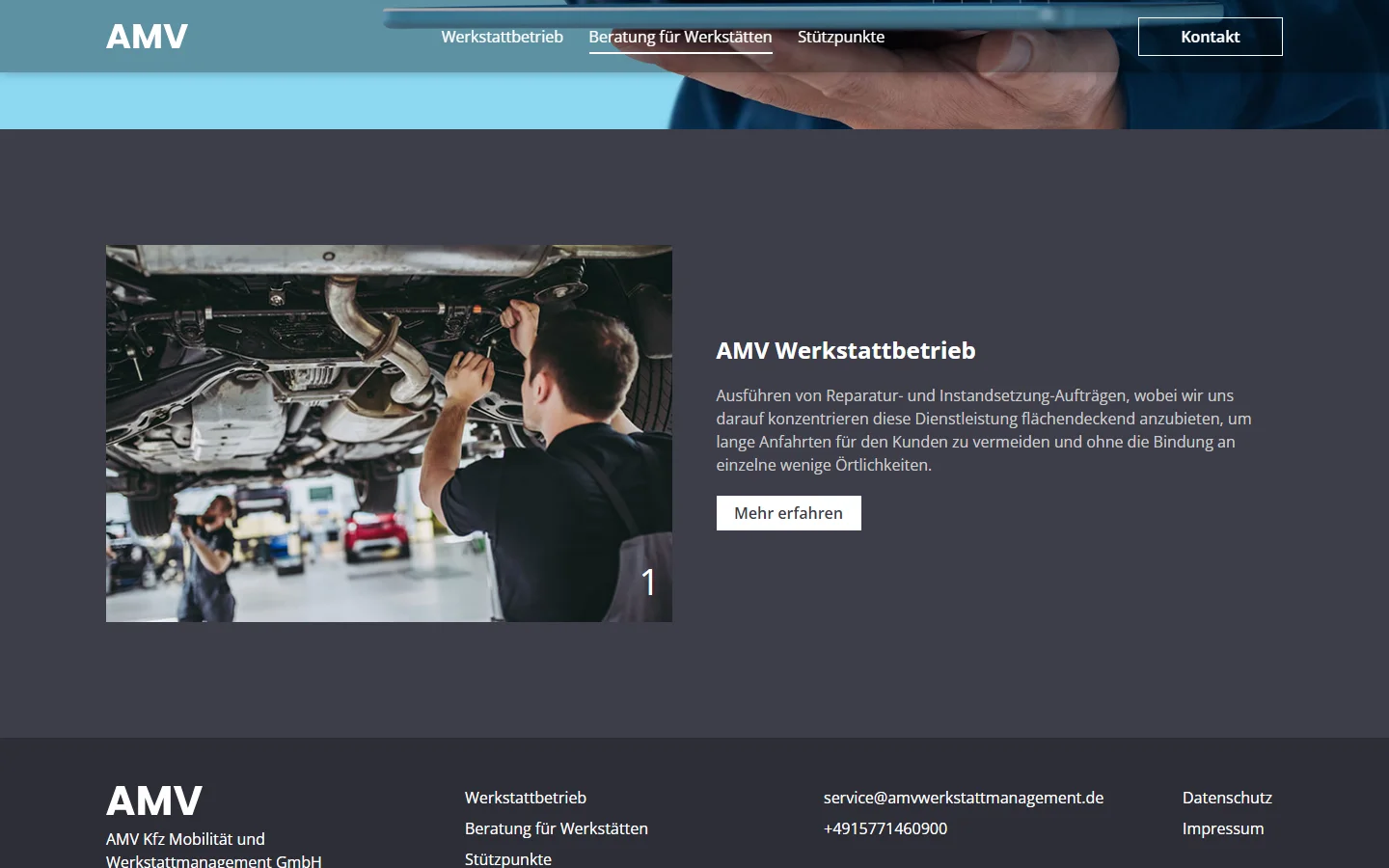 Website von AMV – Desktopansicht: AMV Werkstattbetrieb