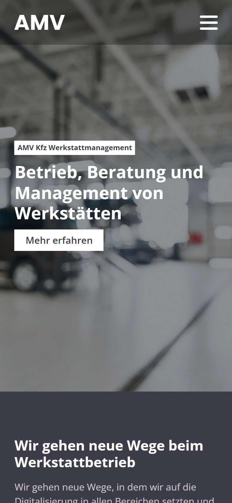 Website von AMV – Handyansicht: Werkstattbetrieb – AMV