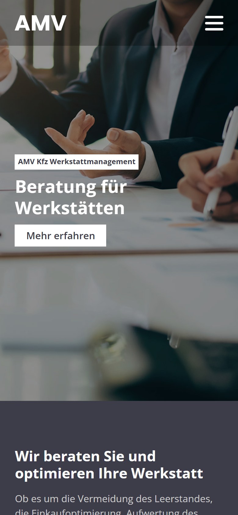 Website von AMV – Handyansicht: Beratung für Werkstätten – AMV