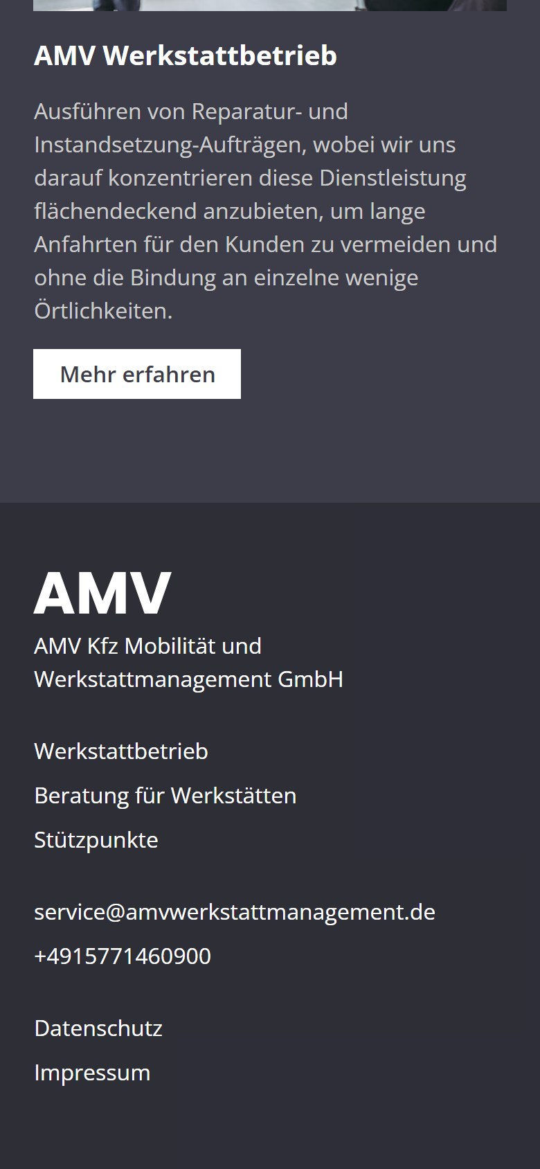 Website von AMV – Handyansicht: Beratung für Werkstätten – AMV