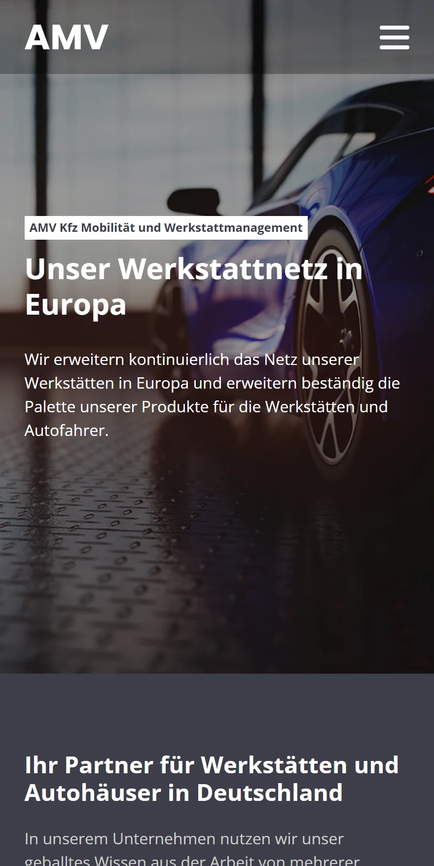 Website von AMV – Handyansicht: AMV Kfz Mobilität und Werkstattmanagement