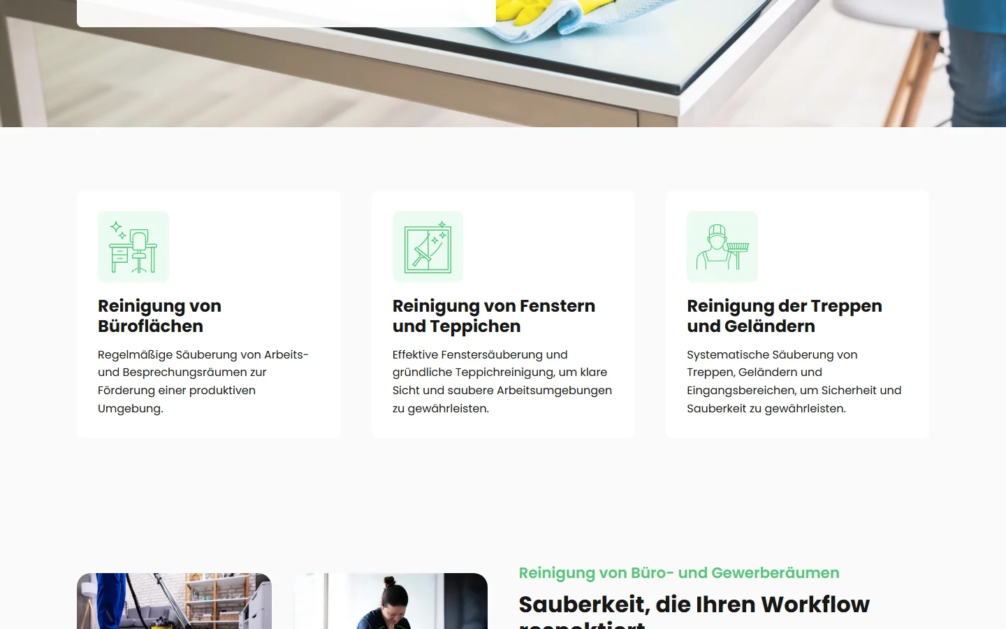 Website von AnDaViVa – Desktopansicht: Reinigung von Büroflächen