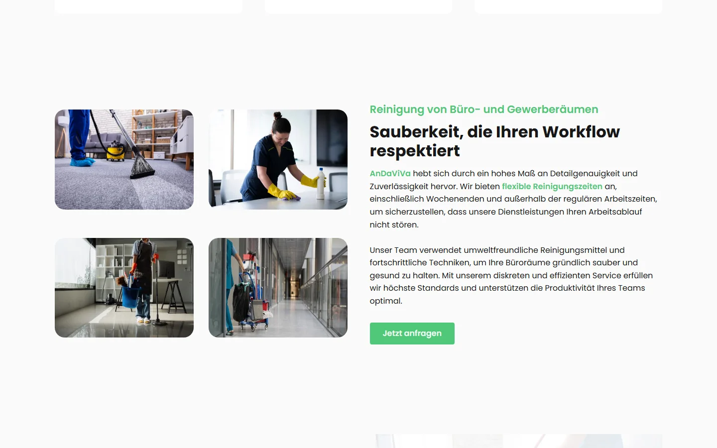 Website von AnDaViVa – Desktopansicht: Reinigung von Büro- und Gewerberäumen