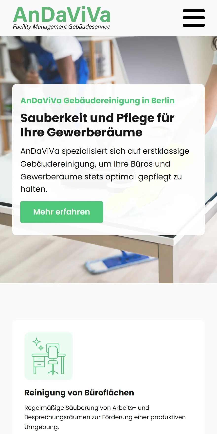 Website von AnDaViVa – Handyansicht: AnDaViVa Gebäudereinigung in Berlin