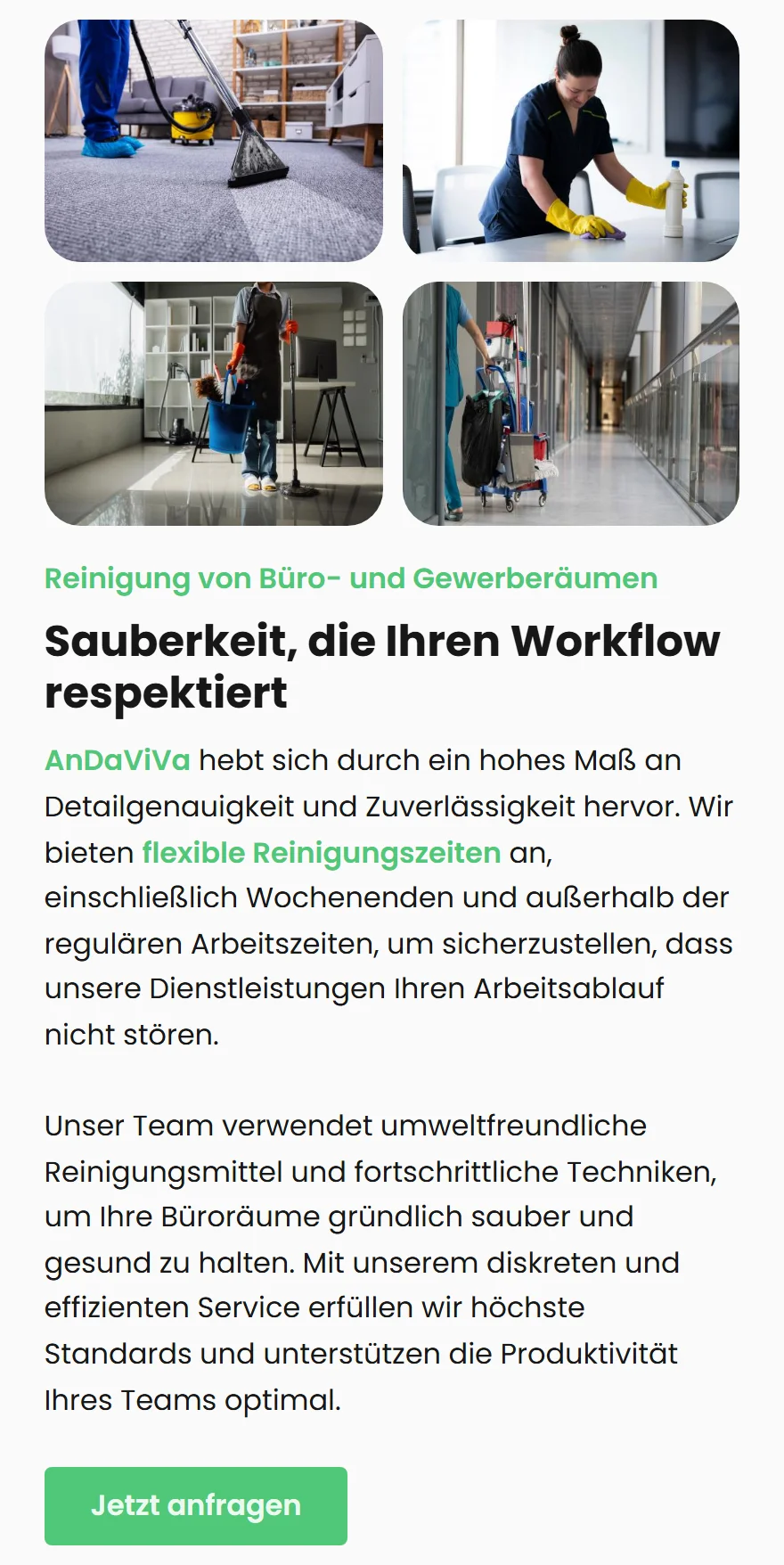 Website von AnDaViVa – Handyansicht: Reinigung von Büro- und Gewerberäumen