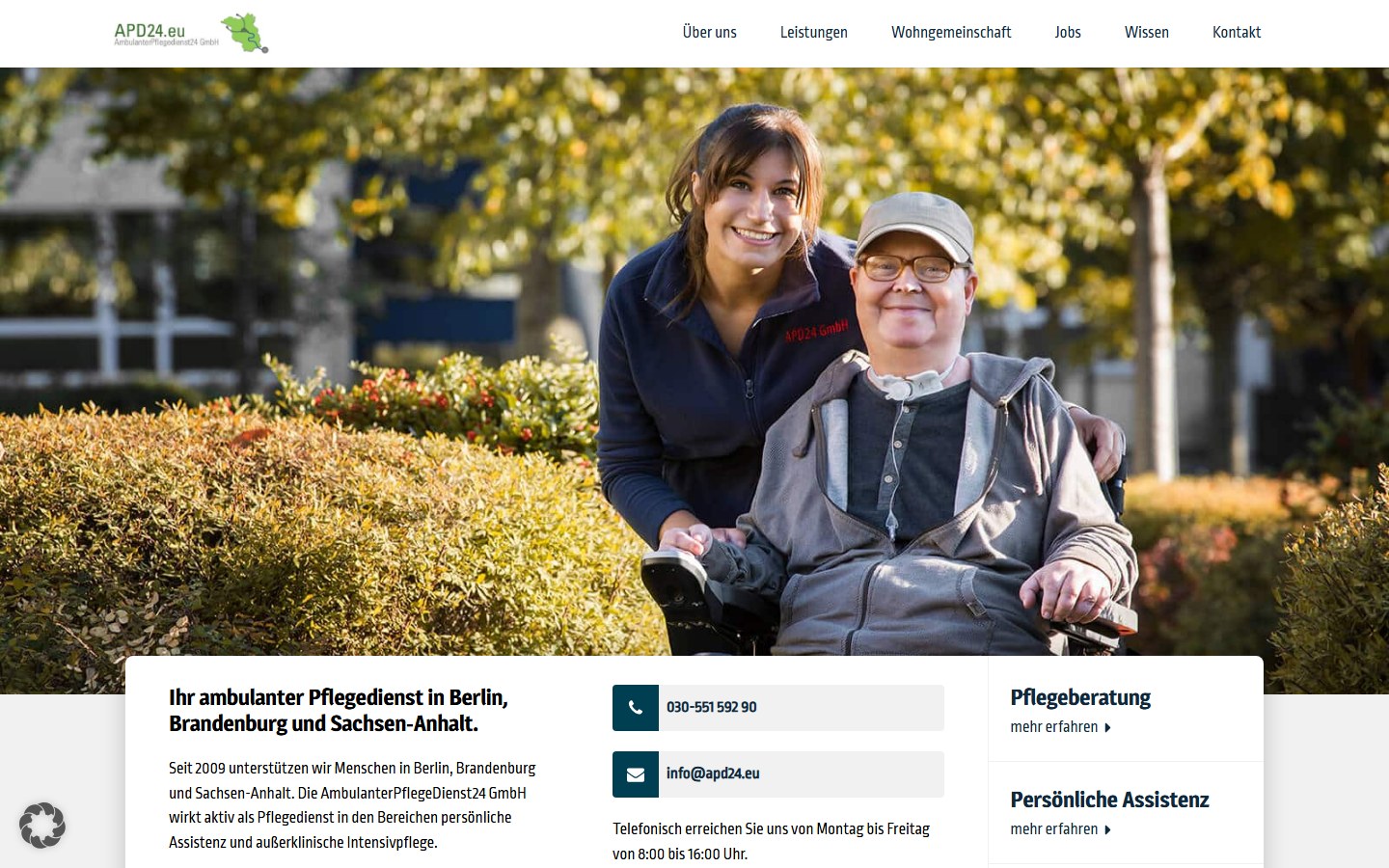 Website von APD24 Pflegedienst – Desktopansicht