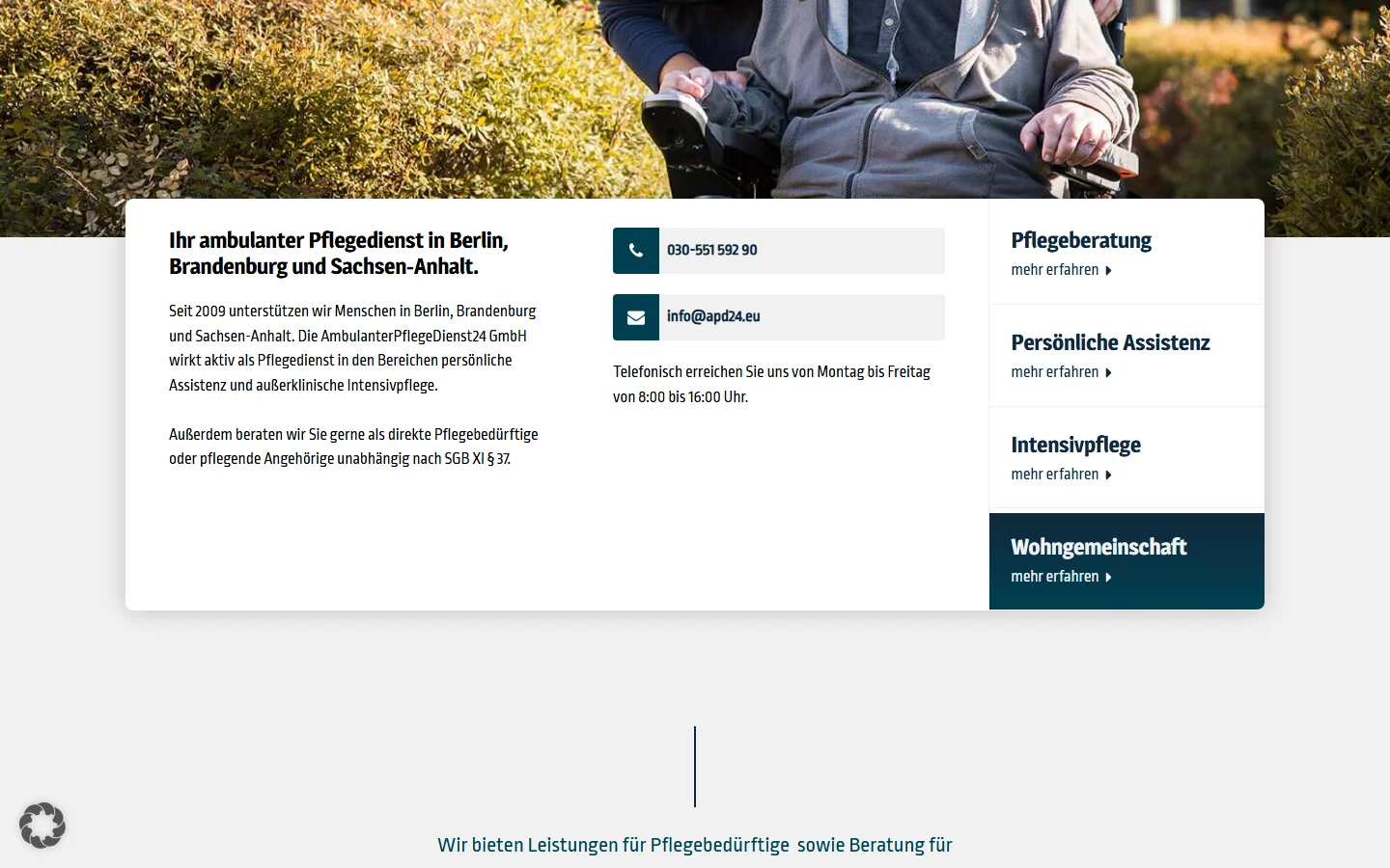 Website von APD24 Pflegedienst – Desktopansicht