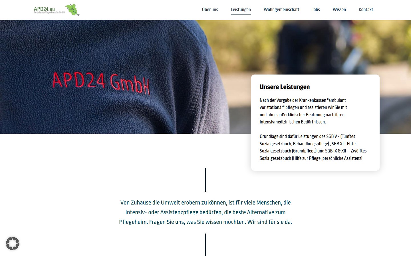 Website von APD24 Pflegedienst – Desktopansicht: Dienstleistungen