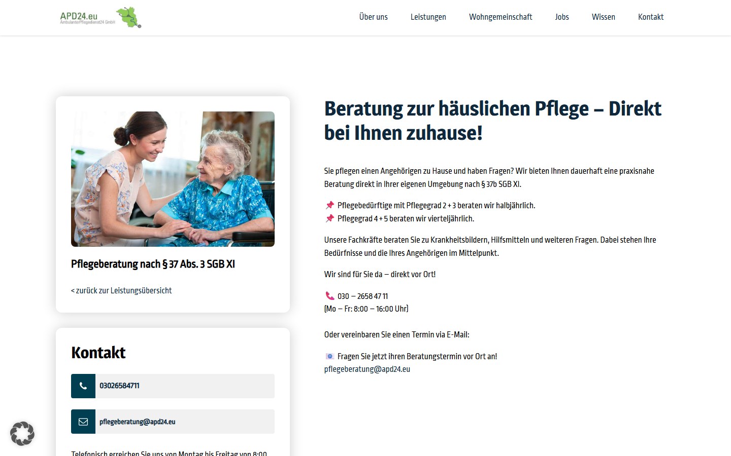 Website von APD24 Pflegedienst – Desktopansicht: Pflegeberatung nach § 37 Abs. 3 SGB XI