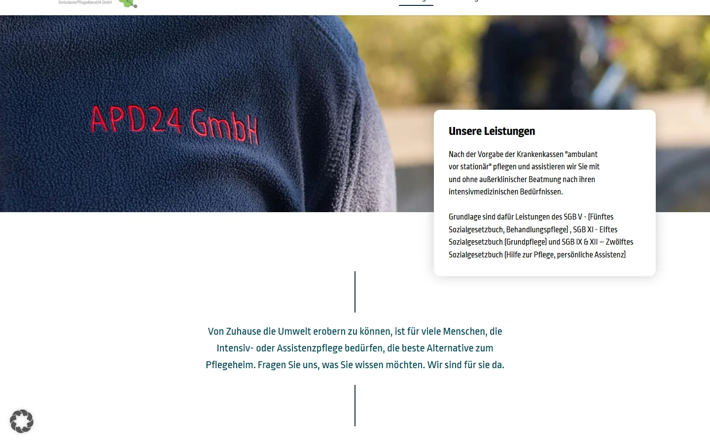 Website von APD24 Pflegedienst – Desktopansicht: Dienstleistungen