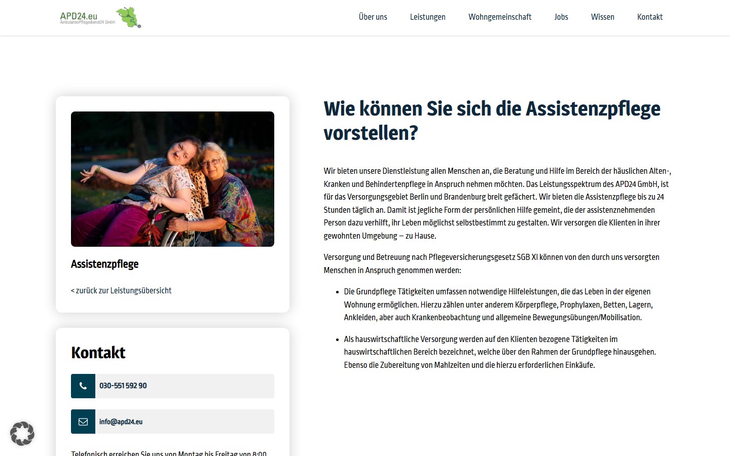 Website von APD24 Pflegedienst – Desktopansicht: Assistenzpflege