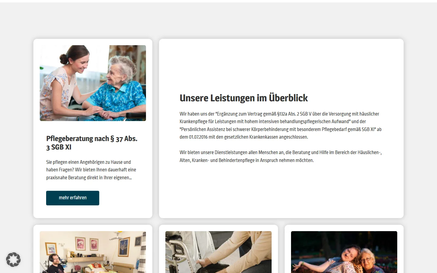 Website von APD24 Pflegedienst – Desktopansicht: Unsere Leistungen im Überblick