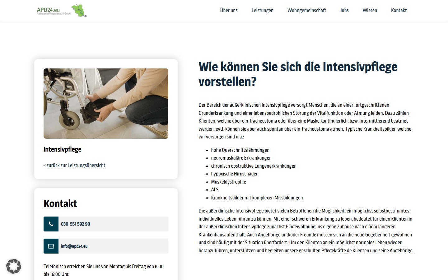 Website von APD24 Pflegedienst – Desktopansicht: Intensivpflege