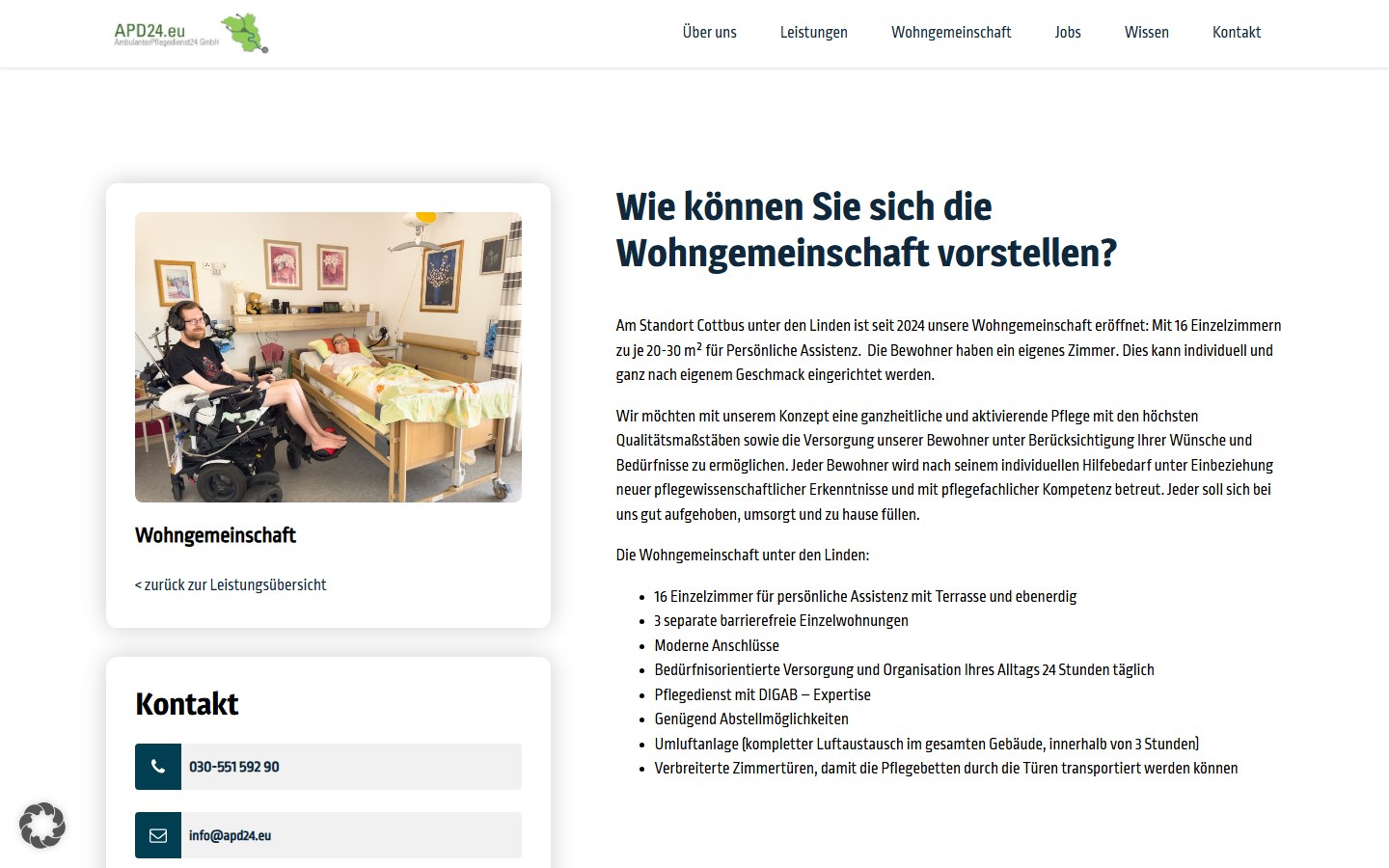 Website von APD24 Pflegedienst – Desktopansicht: Wohngemeinschaft