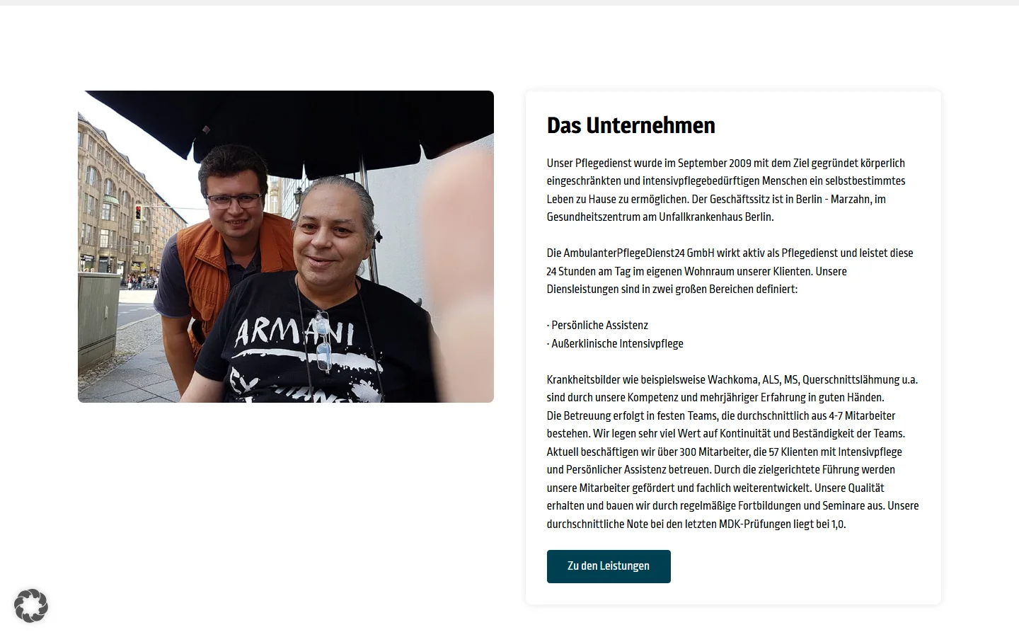 Website von APD24 Pflegedienst – Desktopansicht: Das Unternehmen