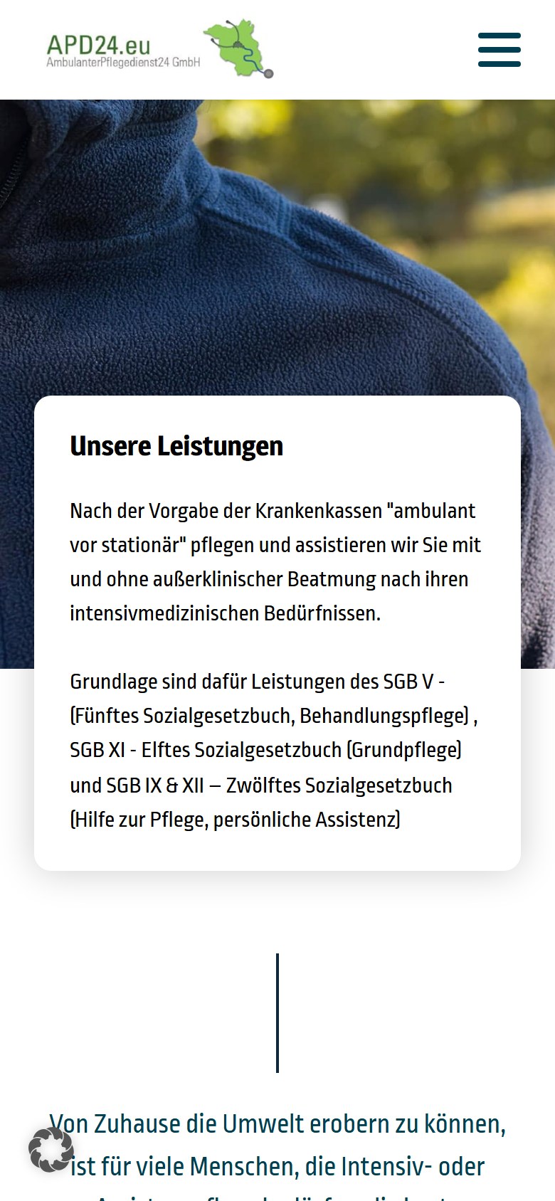 Website von APD24 Pflegedienst – Handyansicht: Dienstleistungen