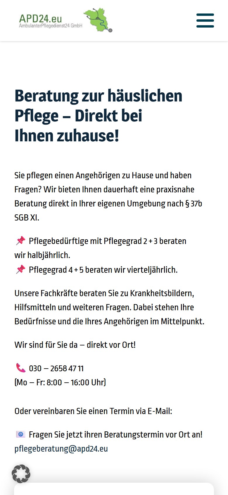 Website von APD24 Pflegedienst – Handyansicht: Pflegeberatung nach § 37 Abs. 3 SGB XI