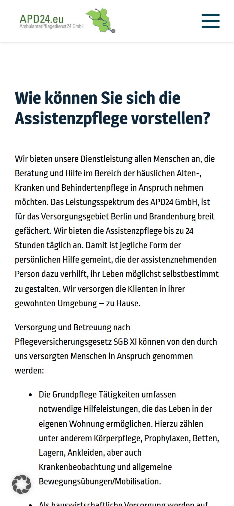 Website von APD24 Pflegedienst – Handyansicht: Assistenzpflege