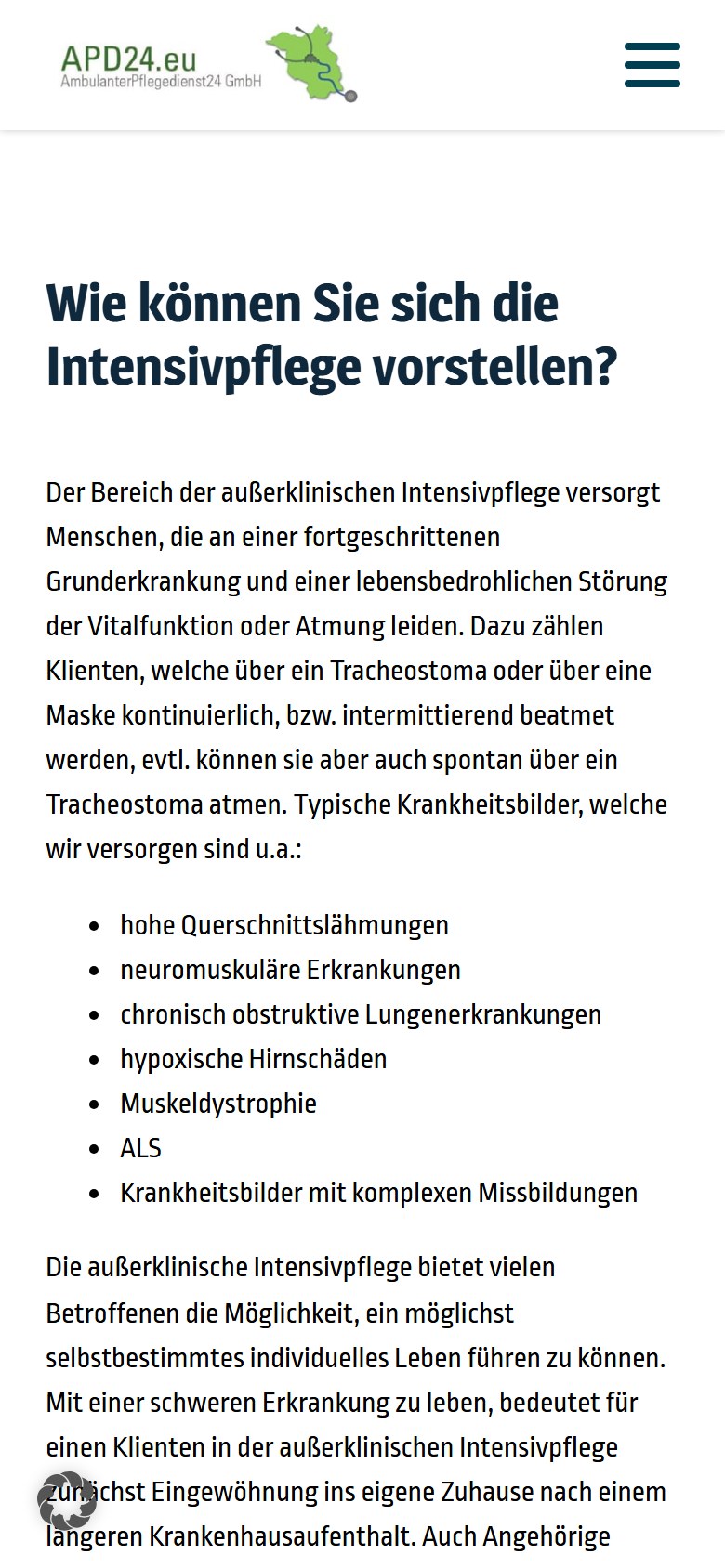 Website von APD24 Pflegedienst – Handyansicht: Intensivpflege