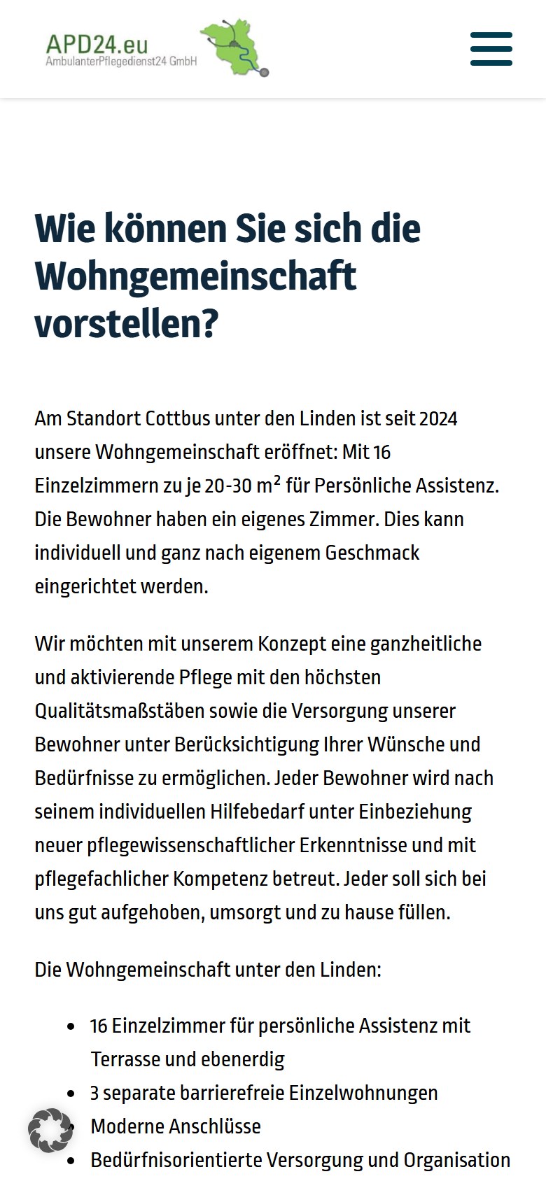 Website von APD24 Pflegedienst – Handyansicht: Wohngemeinschaft