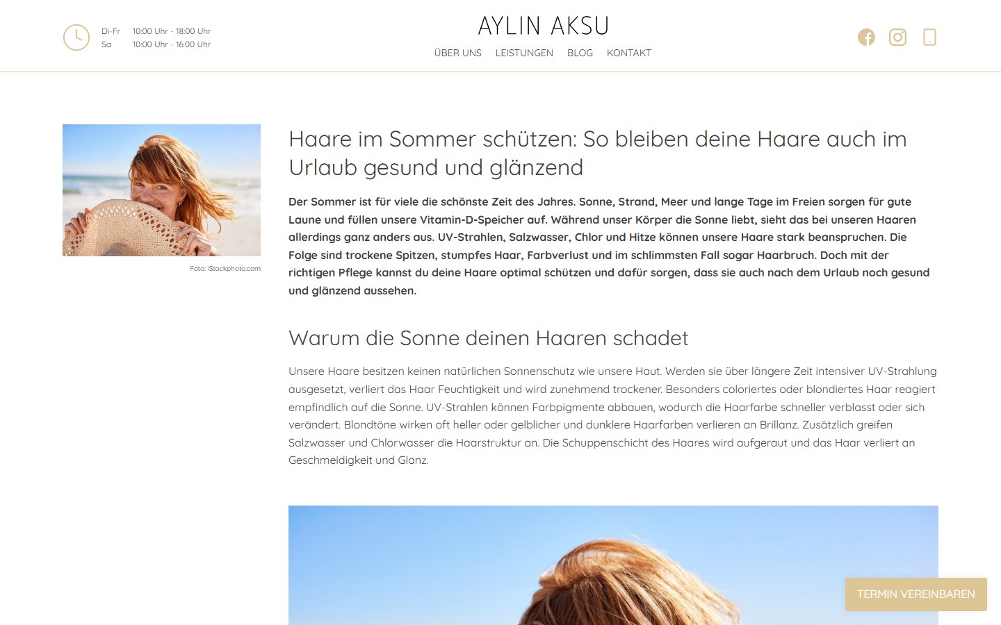 Website von Aylin Aksu – Desktopansicht: Haare im Sommer schützen: So bleiben deine Haare auch im Url
