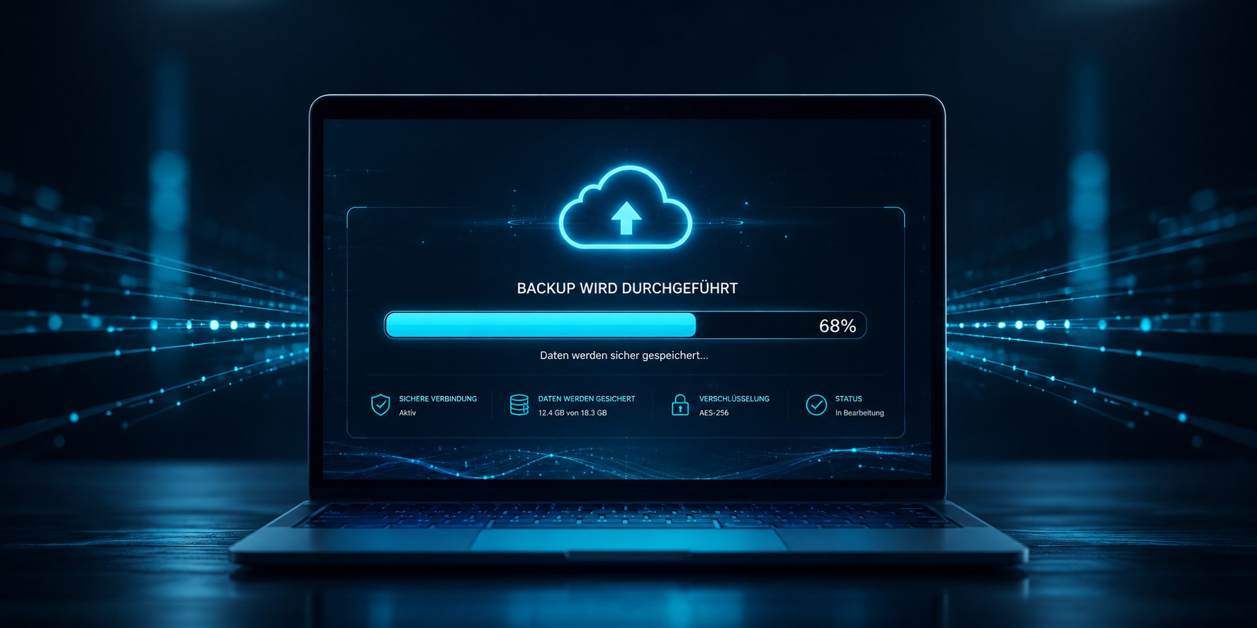 Futuristische darstellung eines laptops welcher gerade ein Backup der Website durchführt.