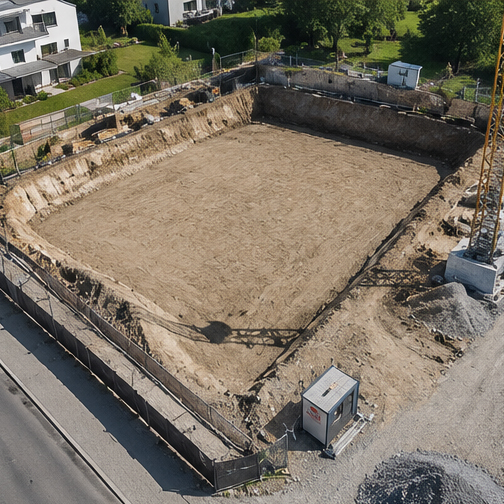 Drohnenaufnahme von einer Baustelle von meinem Kunden wo eine Baugrube zu sehen ist.