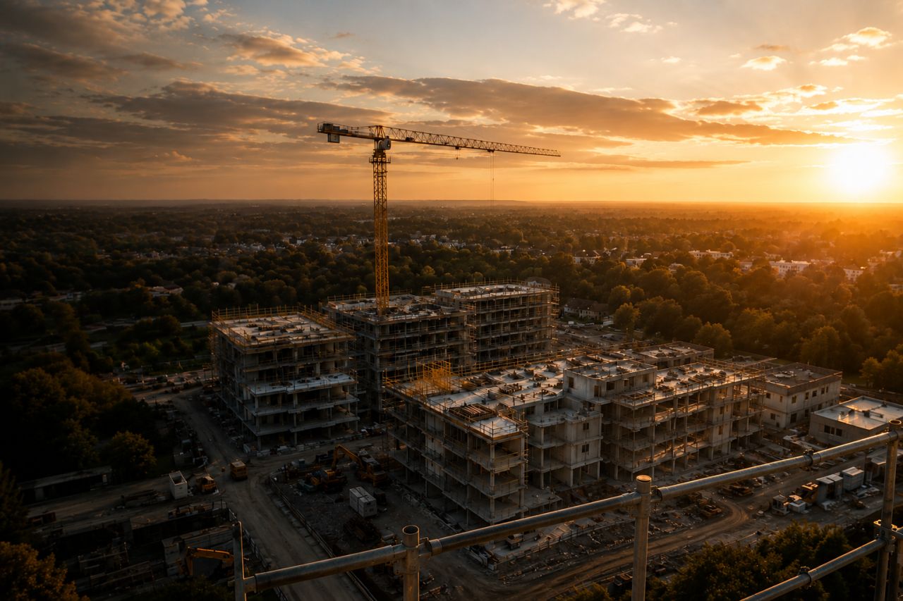 Eine Baustelle im Rohbau aufgenommen von einer Drohne während des Sonnenuntergangs.