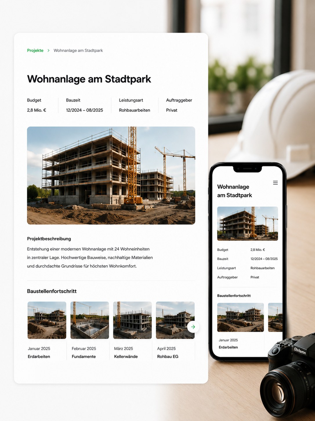 Desktop- und Smartphone-Ansicht einer digitalen Baustellendokumentation mit Projektübersicht und Baufortschritt für ein modernes Bauprojekt.