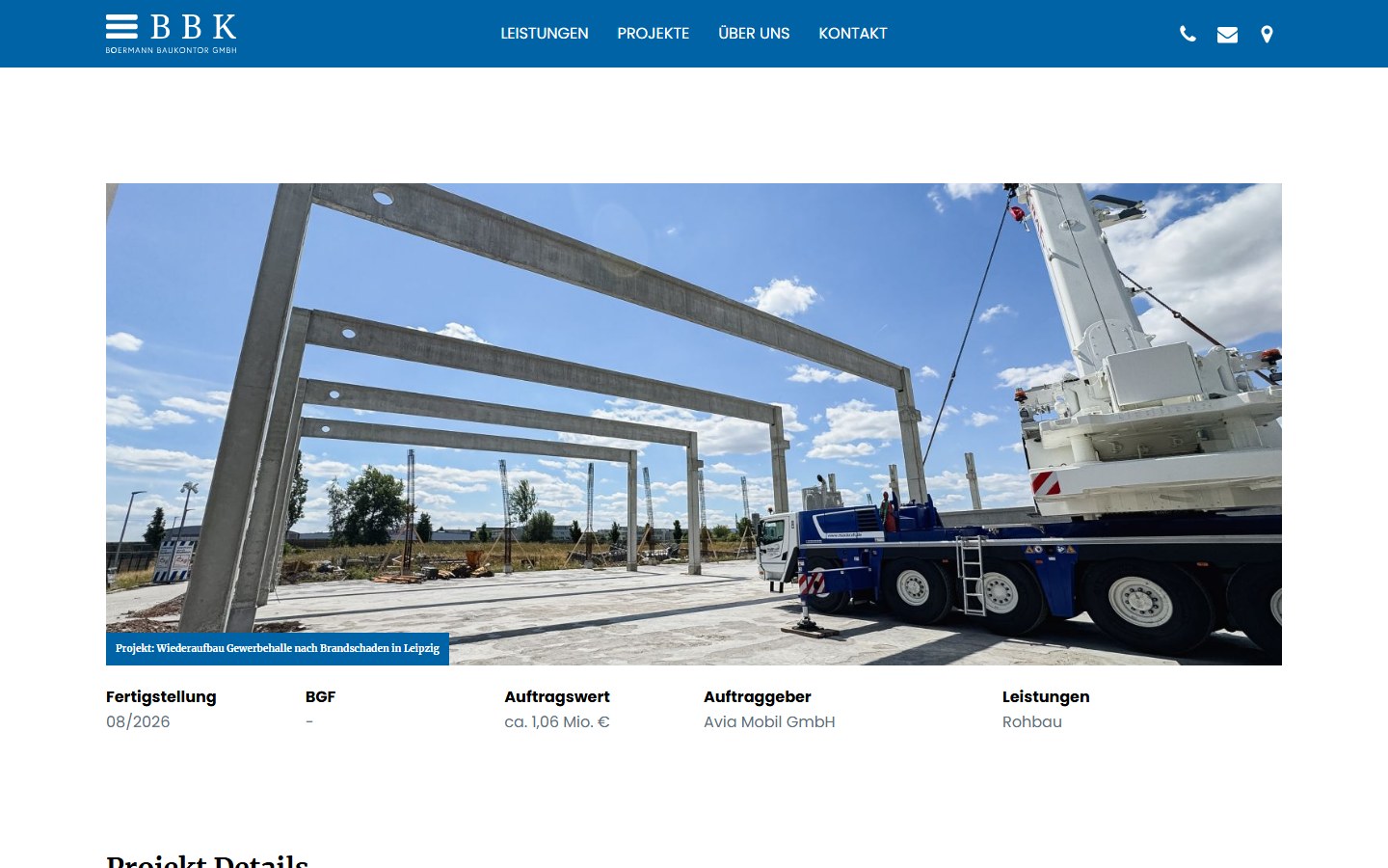 Website von Boermann Baukontor GmbH – Desktopansicht: Wiederaufbau Gewerbehalle nach Brandschaden in Leipzig