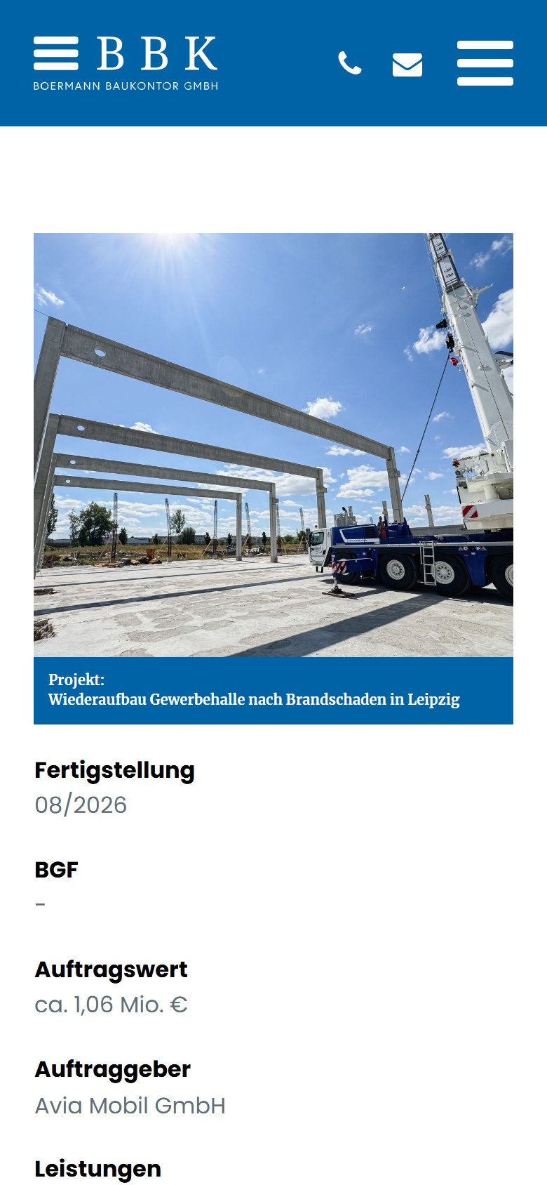Website von Boermann Baukontor GmbH – Handyansicht: Wiederaufbau Gewerbehalle nach Brandschaden in Leipzig