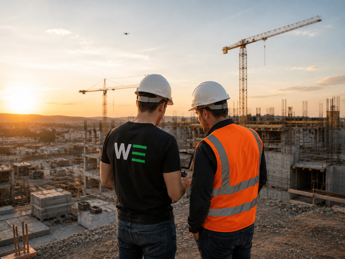 Cem Karahan auf der Baustelle mit seinem Kunden in Bauhelmen wärend sie mit der Drohne Fotos vom Bauprojekt machen.