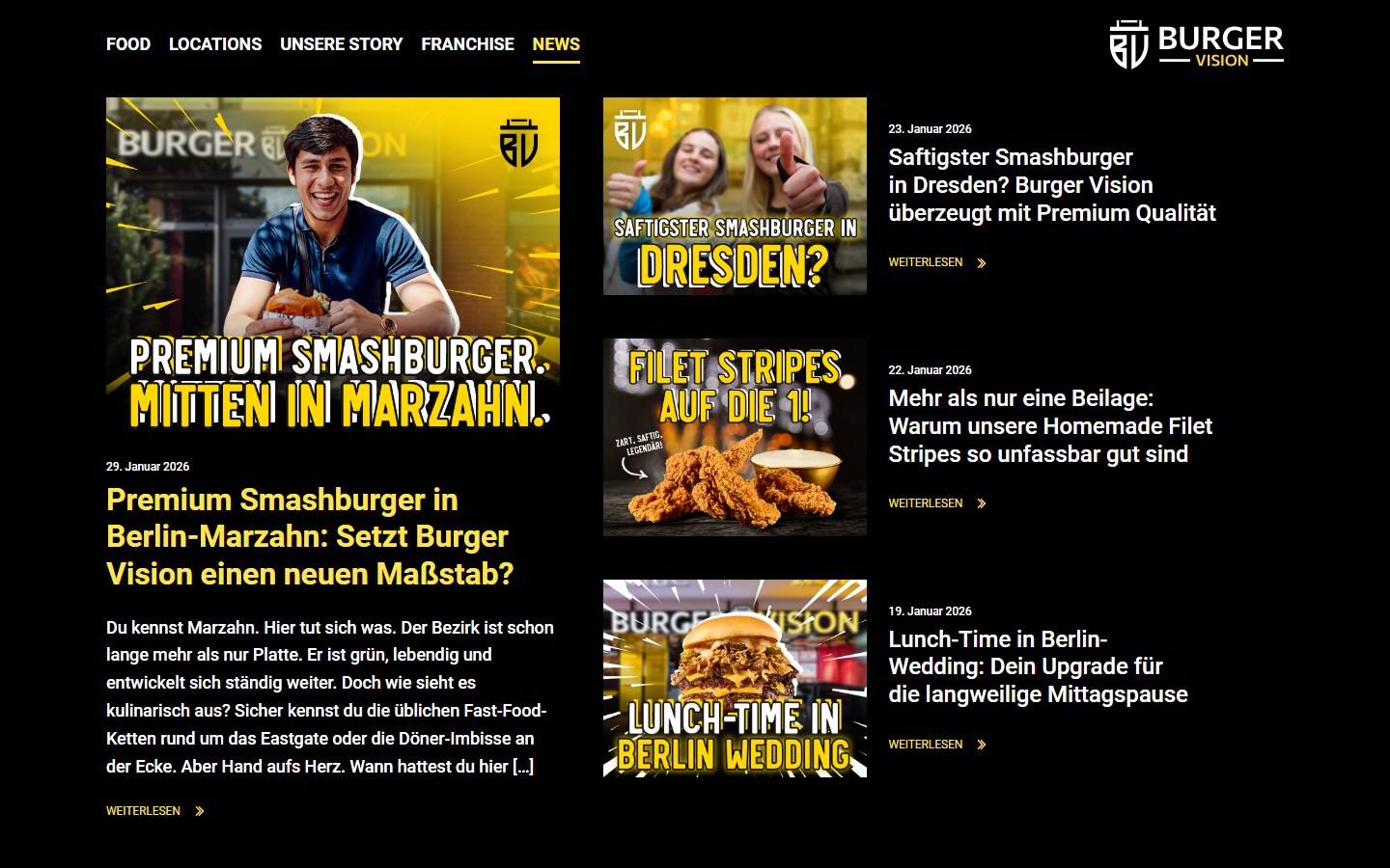 Website von BURGER VISION – Desktopansicht: News
