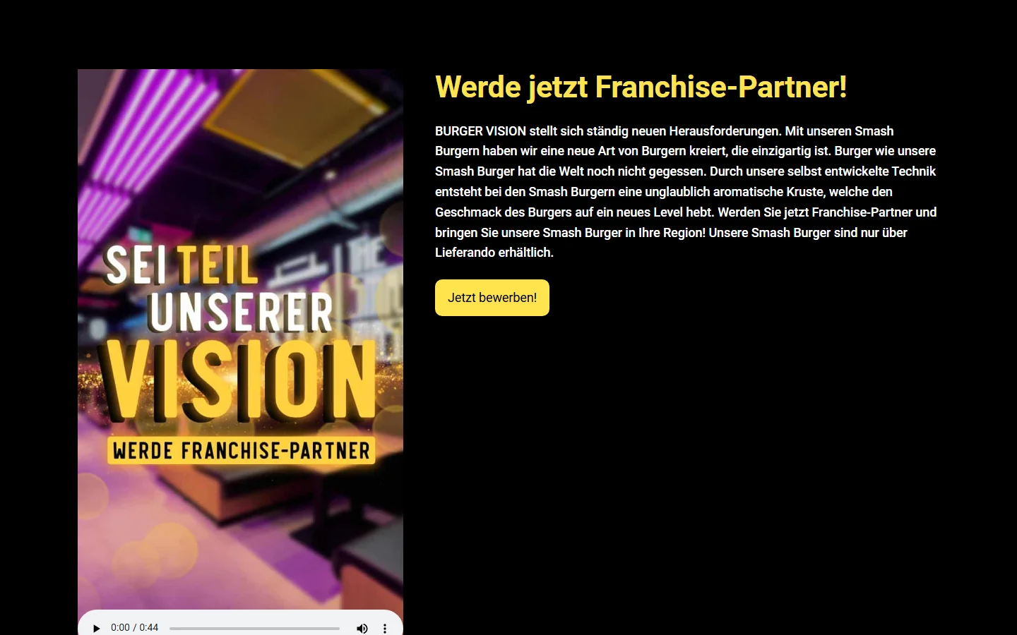 Website von BURGER VISION – Desktopansicht: Werde jetzt Franchise-Partner!