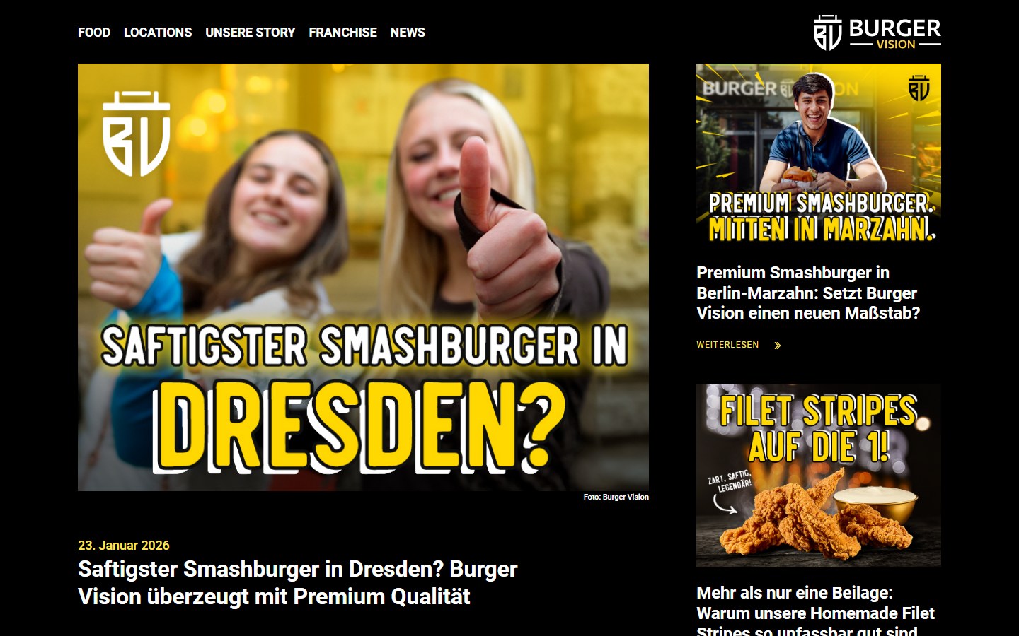 Website von BURGER VISION – Desktopansicht: Saftigster Smashburger in Dresden? Burger Vision überzeugt m