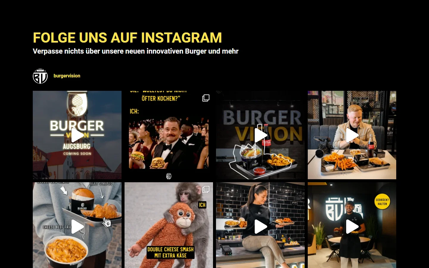Website von BURGER VISION – Desktopansicht: FOLGE UNS AUF INSTAGRAM