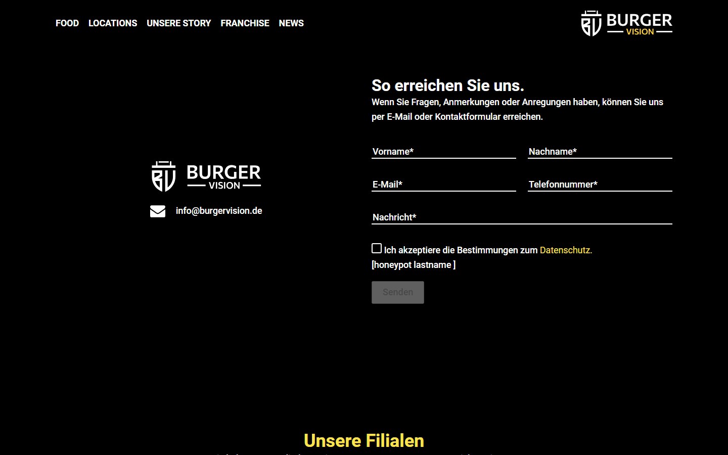 Website von BURGER VISION – Desktopansicht: Kontakt